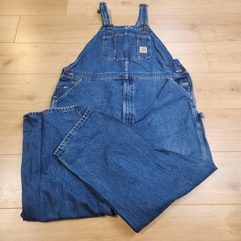 Carhartt Overalls Mens 46x30 Blue Denim Bib Workwear Utility Pockets Carpenter